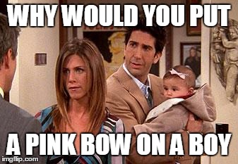 WHY WOULD YOU PUT; A PINK BOW ON A BOY | image tagged in friends | made w/ Imgflip meme maker