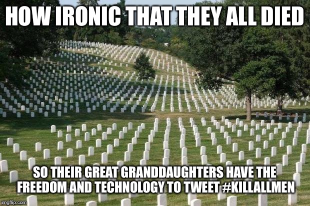 Fallen Soldiers | HOW IRONIC THAT THEY ALL DIED; SO THEIR GREAT GRANDDAUGHTERS HAVE THE FREEDOM AND TECHNOLOGY TO TWEET #KILLALLMEN | image tagged in fallen soldiers | made w/ Imgflip meme maker
