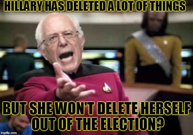 WTF Bernie Sanders |  HILLARY HAS DELETED A LOT OF THINGS; BUT SHE WON'T DELETE HERSELF OUT OF THE ELECTION? | image tagged in wtf bernie sanders,memes,picard wtf,hillary clinton,bernie sanders,hillary emails | made w/ Imgflip meme maker