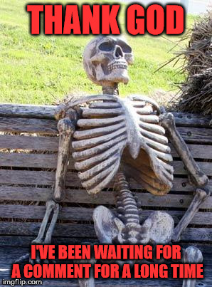 Waiting Skeleton Meme | THANK GOD I'VE BEEN WAITING FOR A COMMENT FOR A LONG TIME | image tagged in memes,waiting skeleton | made w/ Imgflip meme maker
