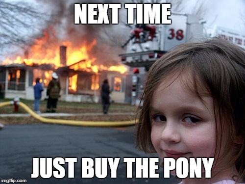 Disaster Girl | NEXT TIME; JUST BUY THE PONY | image tagged in memes,disaster girl | made w/ Imgflip meme maker