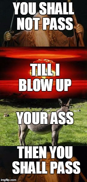 YOU SHALL NOT PASS; TILL I BLOW UP; YOUR ASS; THEN YOU SHALL PASS | image tagged in gandalf | made w/ Imgflip meme maker