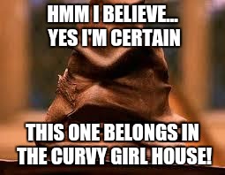 Harry Potter Sorting Hat | HMM I BELIEVE... YES I'M CERTAIN; THIS ONE BELONGS IN THE CURVY GIRL HOUSE! | image tagged in harry potter sorting hat | made w/ Imgflip meme maker