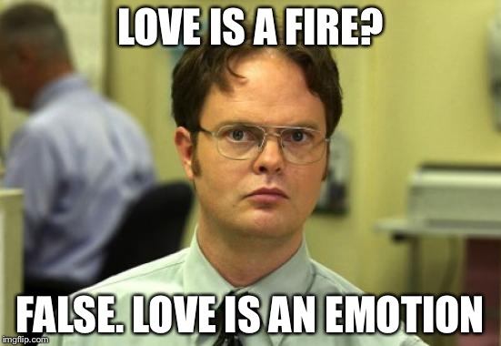 Dwight Schrute | LOVE IS A FIRE? FALSE. LOVE IS AN EMOTION | image tagged in memes,dwight schrute | made w/ Imgflip meme maker