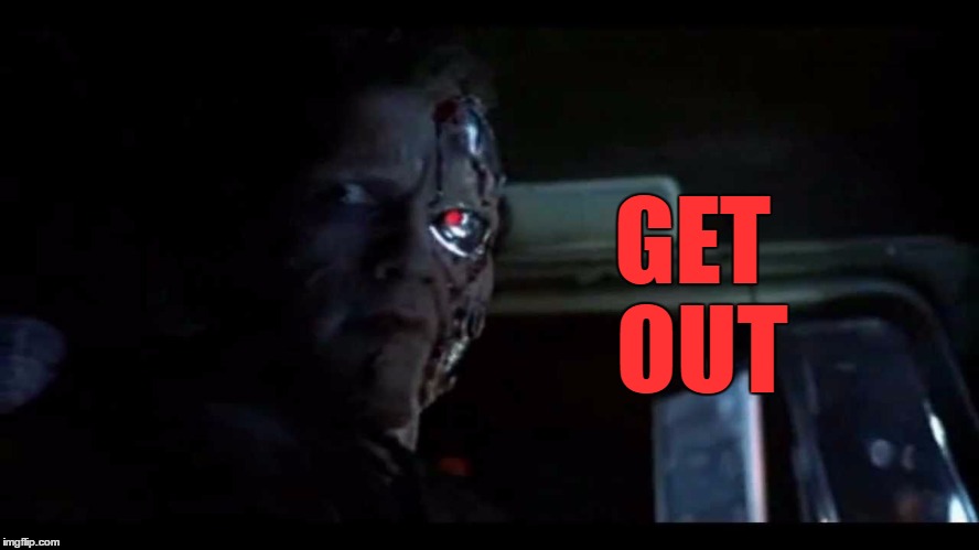 Get. Out. | GET OUT | image tagged in get out arnold,get out,memes,terminator | made w/ Imgflip meme maker