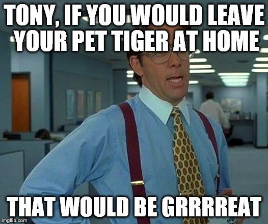 That Would Be Great Meme | TONY, IF YOU WOULD LEAVE YOUR PET TIGER AT HOME; THAT WOULD BE GRRRREAT | image tagged in memes,that would be great | made w/ Imgflip meme maker