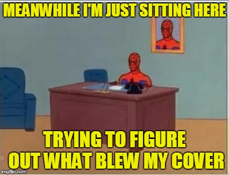 MEANWHILE I'M JUST SITTING HERE TRYING TO FIGURE OUT WHAT BLEW MY COVER | made w/ Imgflip meme maker