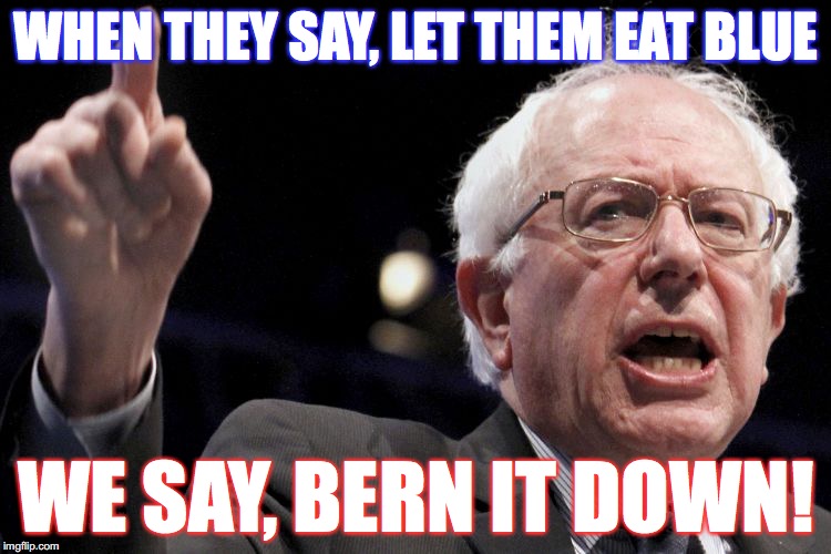 Bernie Sanders | WHEN THEY SAY, LET THEM EAT BLUE; WE SAY, BERN IT DOWN! | image tagged in bernie sanders | made w/ Imgflip meme maker