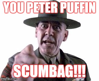 Scumbag Gunnery Sergeant Hartman | YOU PETER PUFFIN; SCUMBAG!!! | image tagged in scumbag gunnery sergeant hartman | made w/ Imgflip meme maker