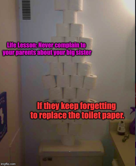 Found This Story On Pinterest, And It MUST Be Known To Everyone... | Life Lesson: Never complain to your parents about your big sister; If they keep forgetting to replace the toilet paper. | image tagged in memes,lmao,family | made w/ Imgflip meme maker