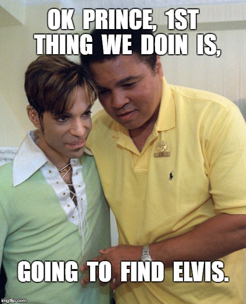 Prince and Ali | OK  PRINCE,  1ST  THING  WE  DOIN  IS, GOING  TO  FIND  ELVIS. | image tagged in meme | made w/ Imgflip meme maker
