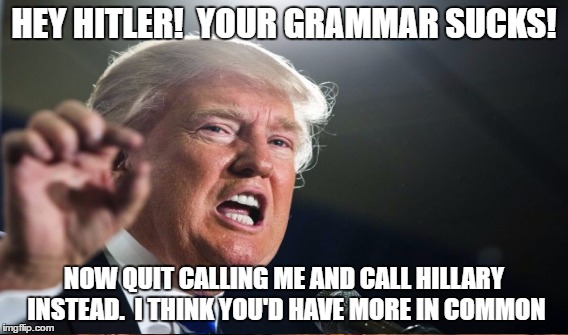 HEY HITLER!  YOUR GRAMMAR SUCKS! NOW QUIT CALLING ME AND CALL HILLARY INSTEAD.  I THINK YOU'D HAVE MORE IN COMMON | made w/ Imgflip meme maker