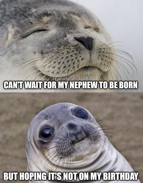 Short Satisfaction VS Truth | CAN'T WAIT FOR MY NEPHEW TO BE BORN; BUT HOPING IT'S NOT ON MY BIRTHDAY | image tagged in memes,short satisfaction vs truth | made w/ Imgflip meme maker