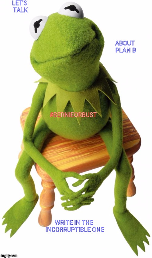 Kermit seating | LET'S TALK; ABOUT PLAN B; #BERNIEORBUST; WRITE IN THE INCORRUPTIBLE ONE | image tagged in kermit seating | made w/ Imgflip meme maker