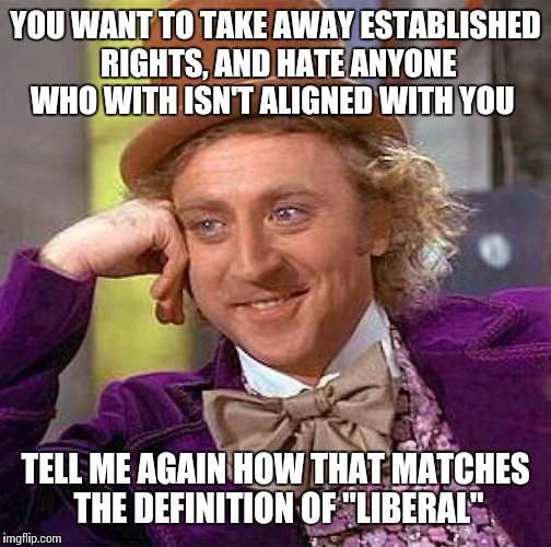 Creepy Condescending Wonka | YOU WANT TO TAKE AWAY ESTABLISHED RIGHTS, AND HATE ANYONE WHO WITH ISN'T ALIGNED WITH YOU; TELL ME AGAIN HOW THAT MATCHES THE DEFINITION OF "LIBERAL" | image tagged in memes,creepy condescending wonka | made w/ Imgflip meme maker