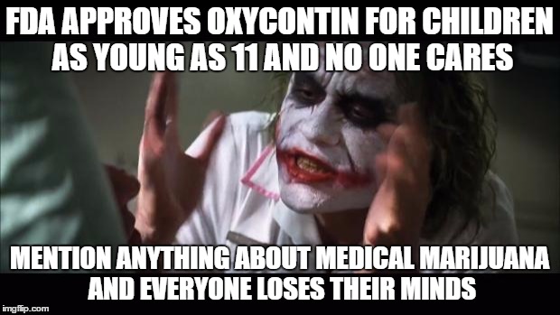 A Prescription For Disaster | FDA APPROVES OXYCONTIN FOR CHILDREN AS YOUNG AS 11 AND NO ONE CARES; MENTION ANYTHING ABOUT MEDICAL MARIJUANA AND EVERYONE LOSES THEIR MINDS | image tagged in memes,and everybody loses their minds | made w/ Imgflip meme maker