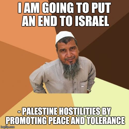 Ordinary Muslim Man Meme | I AM GOING TO PUT AN END TO ISRAEL; - PALESTINE HOSTILITIES BY PROMOTING PEACE AND TOLERANCE | image tagged in memes,ordinary muslim man | made w/ Imgflip meme maker