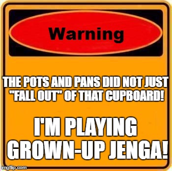 Warning Sign Meme | THE POTS AND PANS DID NOT JUST "FALL OUT" OF THAT CUPBOARD! I'M PLAYING GROWN-UP JENGA! | image tagged in memes,warning sign | made w/ Imgflip meme maker