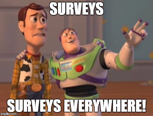 X, X Everywhere | SURVEYS; SURVEYS EVERYWHERE! | image tagged in memes,x x everywhere | made w/ Imgflip meme maker
