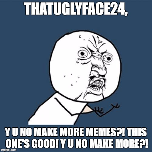 Y U No Meme | THATUGLYFACE24, Y U NO MAKE MORE MEMES?! THIS ONE'S GOOD! Y U NO MAKE MORE?! | image tagged in memes,y u no | made w/ Imgflip meme maker