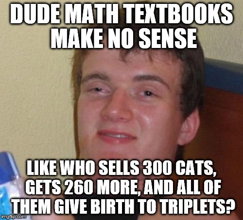 10 Guy | DUDE MATH TEXTBOOKS MAKE NO SENSE; LIKE WHO SELLS 300 CATS, GETS 260 MORE, AND ALL OF THEM GIVE BIRTH TO TRIPLETS? | image tagged in memes,10 guy | made w/ Imgflip meme maker