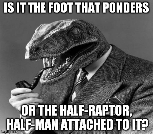 IS IT THE FOOT THAT PONDERS OR THE HALF-RAPTOR, HALF-MAN ATTACHED TO IT? | made w/ Imgflip meme maker