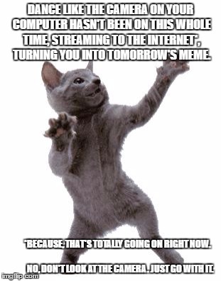 Happy Dance Cat | DANCE LIKE THE CAMERA ON YOUR COMPUTER HASN'T BEEN ON THIS WHOLE TIME, STREAMING TO THE INTERNET*, TURNING YOU INTO TOMORROW'S MEME. *BECAUSE, THAT'S TOTALLY GOING ON RIGHT NOW.                                                            NO, DON'T LOOK AT THE CAMERA. JUST GO WITH IT. | image tagged in happy dance cat | made w/ Imgflip meme maker