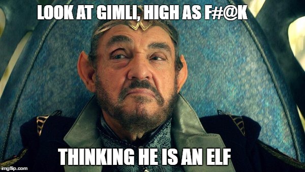 Gimli | LOOK AT GIMLI, HIGH AS F#@K; THINKING HE IS AN ELF | image tagged in lotr,gimli | made w/ Imgflip meme maker