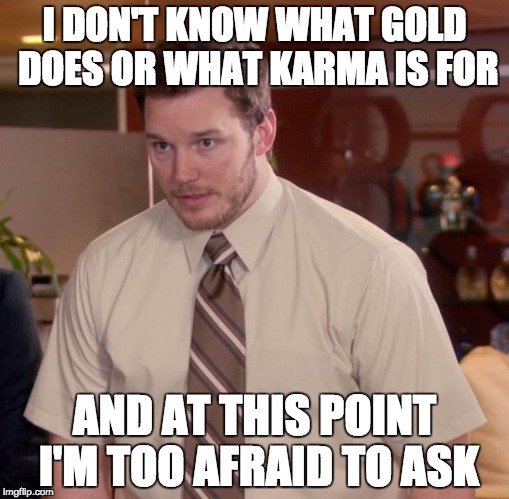 Afraid To Ask Andy | I DON'T KNOW WHAT GOLD DOES OR WHAT KARMA IS FOR; AND AT THIS POINT I'M TOO AFRAID TO ASK | image tagged in memes,afraid to ask andy,AdviceAnimals | made w/ Imgflip meme maker