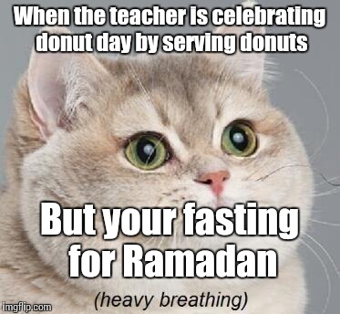 I felt so bad eating a donut in front of my Muslim friends today... | When the teacher is celebrating donut day by serving donuts; But your fasting for Ramadan | image tagged in memes,heavy breathing cat,trhtimmy,donuts,islam,happy ramadan | made w/ Imgflip meme maker