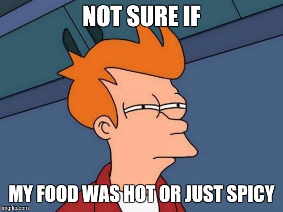 Futurama Fry | NOT SURE IF; MY FOOD WAS HOT OR JUST SPICY | image tagged in memes,futurama fry | made w/ Imgflip meme maker