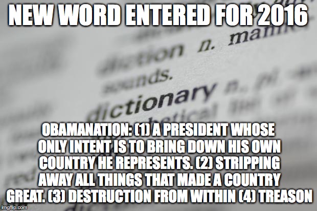 Dictionary-001 | NEW WORD ENTERED FOR 2016; OBAMANATION: (1) A PRESIDENT WHOSE ONLY INTENT IS TO BRING DOWN HIS OWN COUNTRY HE REPRESENTS. (2) STRIPPING AWAY ALL THINGS THAT MADE A COUNTRY GREAT. (3) DESTRUCTION FROM WITHIN (4) TREASON | image tagged in dictionary-001 | made w/ Imgflip meme maker