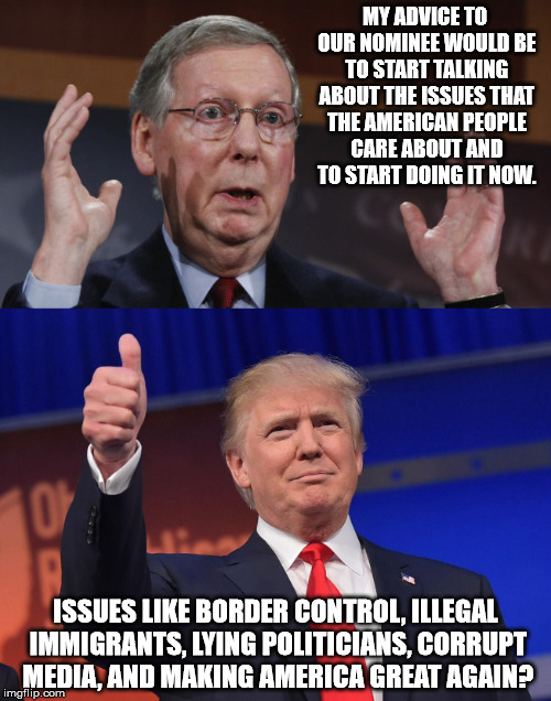 Trump to Mitch McConnell | MY ADVICE TO OUR NOMINEE WOULD BE TO START TALKING ABOUT THE ISSUES THAT THE AMERICAN PEOPLE CARE ABOUT AND TO START DOING IT NOW. ISSUES LIKE BORDER CONTROL, ILLEGAL IMMIGRANTS, LYING POLITICIANS, CORRUPT MEDIA, AND MAKING AMERICA GREAT AGAIN? | image tagged in trump 2016,mitch mcconnell,make america great again,illegal immigration | made w/ Imgflip meme maker
