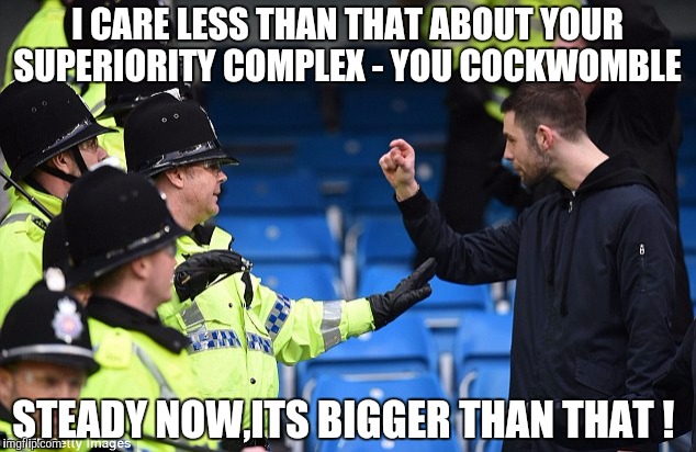 Some Police are on a powertrip | I CARE LESS THAN THAT ABOUT YOUR SUPERIORITY COMPLEX - YOU COCKWOMBLE; STEADY NOW,ITS BIGGER THAN THAT ! | image tagged in police state | made w/ Imgflip meme maker
