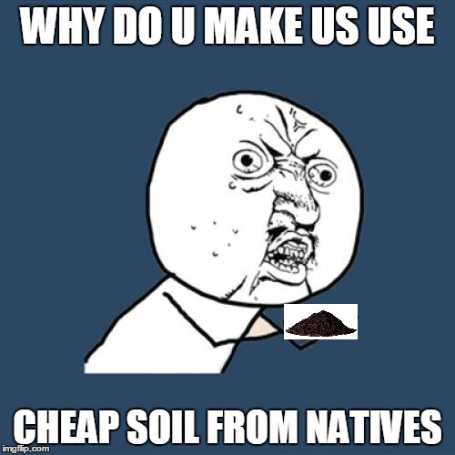 Y U No Meme | WHY DO U MAKE US USE; CHEAP SOIL FROM NATIVES | image tagged in memes,y u no | made w/ Imgflip meme maker