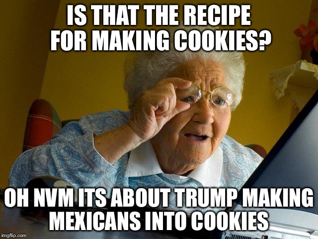 Grandma Finds The Internet Meme |  IS THAT THE RECIPE FOR MAKING COOKIES? OH NVM ITS ABOUT TRUMP MAKING MEXICANS INTO COOKIES | image tagged in memes,grandma finds the internet | made w/ Imgflip meme maker