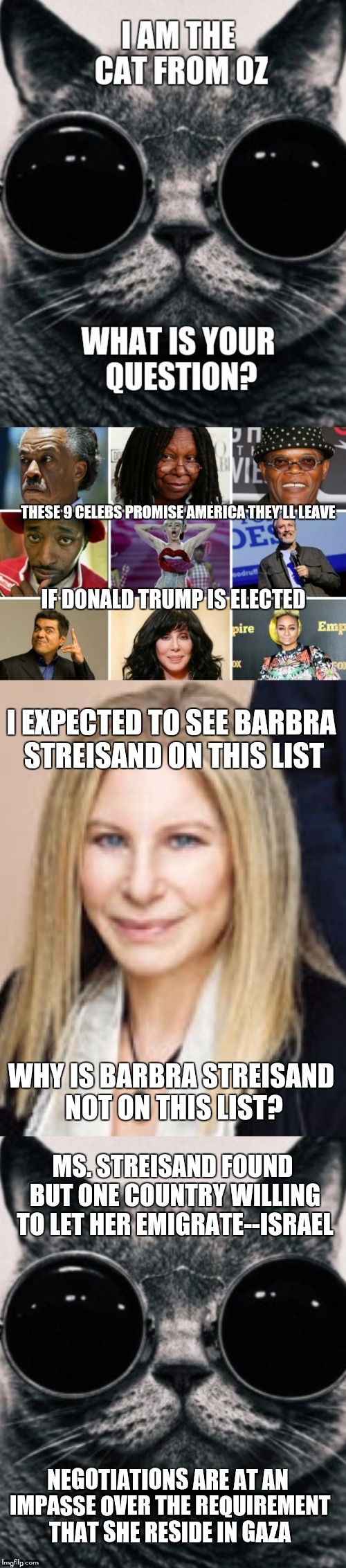 The Cat From Oz | THESE 9 CELEBS PROMISE AMERICA THEY'LL LEAVE; IF DONALD TRUMP IS ELECTED; I EXPECTED TO SEE BARBRA STREISAND ON THIS LIST; WHY IS BARBRA STREISAND NOT ON THIS LIST? MS. STREISAND FOUND BUT ONE COUNTRY WILLING TO LET HER EMIGRATE--ISRAEL; NEGOTIATIONS ARE AT AN IMPASSE OVER THE REQUIREMENT THAT SHE RESIDE IN GAZA | image tagged in wizard of oz | made w/ Imgflip meme maker