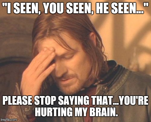 Frustrated Boromir | "I SEEN, YOU SEEN, HE SEEN..."; PLEASE STOP SAYING THAT...YOU'RE HURTING MY BRAIN. | image tagged in memes,frustrated boromir | made w/ Imgflip meme maker