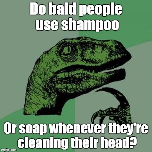 I've always wondered... | Do bald people use shampoo; Or soap whenever they're cleaning their head? | image tagged in memes,philosoraptor,trhtimmy,from the dawn of time i've asked myself this question everyday | made w/ Imgflip meme maker