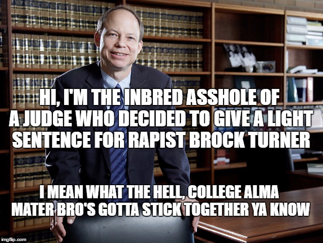 HI, I'M THE INBRED ASSHOLE OF A JUDGE WHO DECIDED TO GIVE A LIGHT SENTENCE FOR RAPIST BROCK TURNER; I MEAN WHAT THE HELL, COLLEGE ALMA MATER BRO'S GOTTA STICK TOGETHER YA KNOW | image tagged in one eyed rodg | made w/ Imgflip meme maker