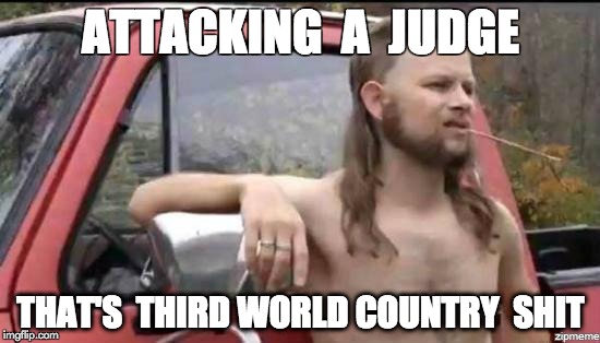 almost politically correct redneck | ATTACKING  A  JUDGE; THAT'S  THIRD WORLD COUNTRY  SHIT | image tagged in almost politically correct redneck | made w/ Imgflip meme maker