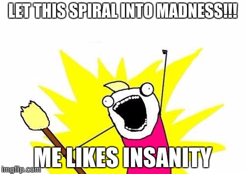 X All The Y | LET THIS SPIRAL INTO MADNESS!!! ME LIKES INSANITY | image tagged in memes,x all the y,madness,insanity,stupidity | made w/ Imgflip meme maker