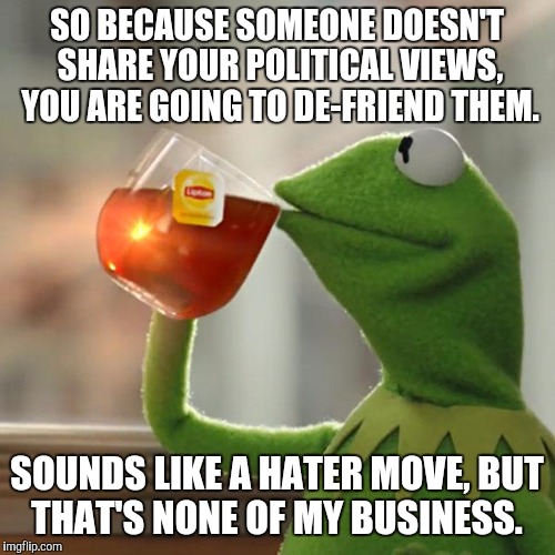 Kemit | SO BECAUSE SOMEONE DOESN'T SHARE YOUR POLITICAL VIEWS, YOU ARE GOING TO DE-FRIEND THEM. SOUNDS LIKE A HATER MOVE, BUT THAT'S NONE OF MY BUSINESS. | image tagged in kemit | made w/ Imgflip meme maker