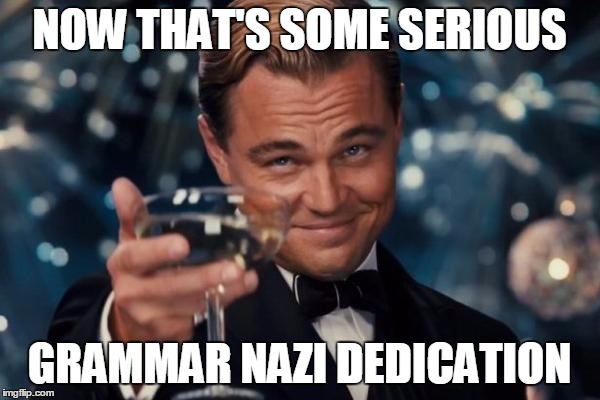 Leonardo Dicaprio Cheers Meme | NOW THAT'S SOME SERIOUS GRAMMAR NAZI DEDICATION | image tagged in memes,leonardo dicaprio cheers | made w/ Imgflip meme maker
