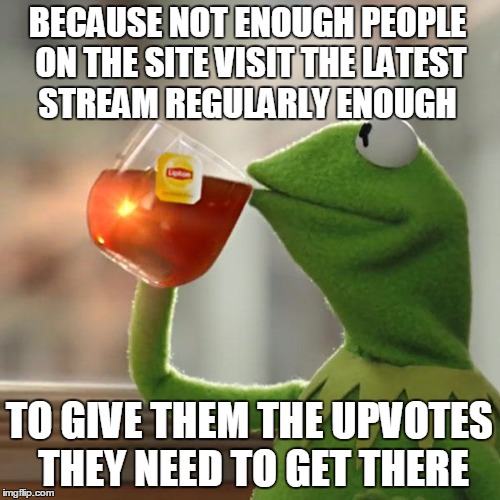 But That's None Of My Business Meme | BECAUSE NOT ENOUGH PEOPLE ON THE SITE VISIT THE LATEST STREAM REGULARLY ENOUGH TO GIVE THEM THE UPVOTES THEY NEED TO GET THERE | image tagged in memes,but thats none of my business,kermit the frog | made w/ Imgflip meme maker