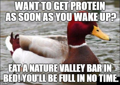 Malicious Advice Mallard | WANT TO GET PROTEIN AS SOON AS YOU WAKE UP? EAT A NATURE VALLEY BAR IN BED! YOU'LL BE FULL IN NO TIME. | image tagged in memes,malicious advice mallard | made w/ Imgflip meme maker