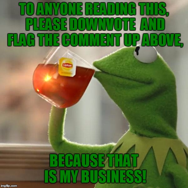 But That's None Of My Business Meme | TO ANYONE READING THIS, PLEASE DOWNVOTE  AND FLAG THE COMMENT UP ABOVE, BECAUSE THAT IS MY BUSINESS! | image tagged in memes,but thats none of my business,kermit the frog | made w/ Imgflip meme maker