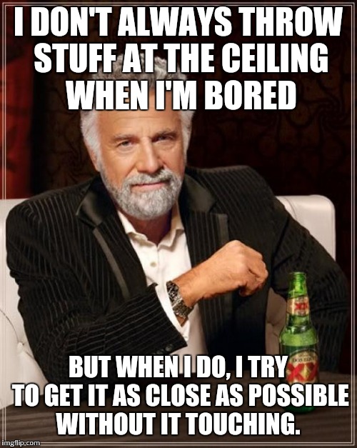 The Most Interesting Man In The World | I DON'T ALWAYS THROW STUFF AT THE CEILING WHEN I'M BORED; BUT WHEN I DO, I TRY TO GET IT AS CLOSE AS POSSIBLE WITHOUT IT TOUCHING. | image tagged in memes,the most interesting man in the world | made w/ Imgflip meme maker