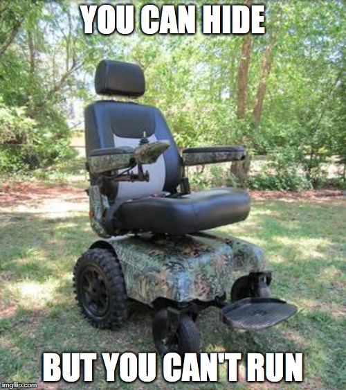 You can hide, but you can't run | YOU CAN HIDE; BUT YOU CAN'T RUN | image tagged in hunting,wheelchair,politically incorrect,camo | made w/ Imgflip meme maker