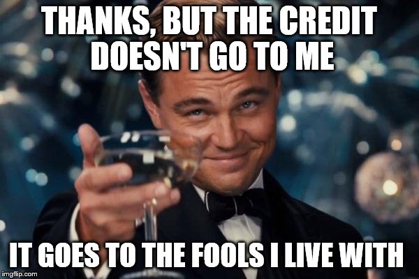 Leonardo Dicaprio Cheers Meme | THANKS, BUT THE CREDIT DOESN'T GO TO ME IT GOES TO THE FOOLS I LIVE WITH | image tagged in memes,leonardo dicaprio cheers | made w/ Imgflip meme maker